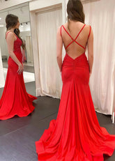 Bridget | Long Red Prom Dress With Mermaid V Neck Beaded Jersey - Red - PromDressClub